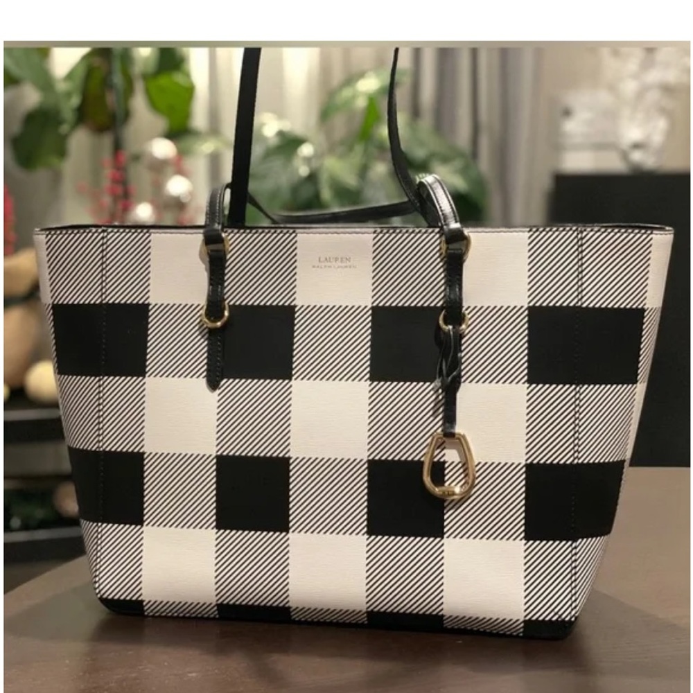 Lauren Ralph Lauren Bennington Black and White Leather Zippered Tote NWOT